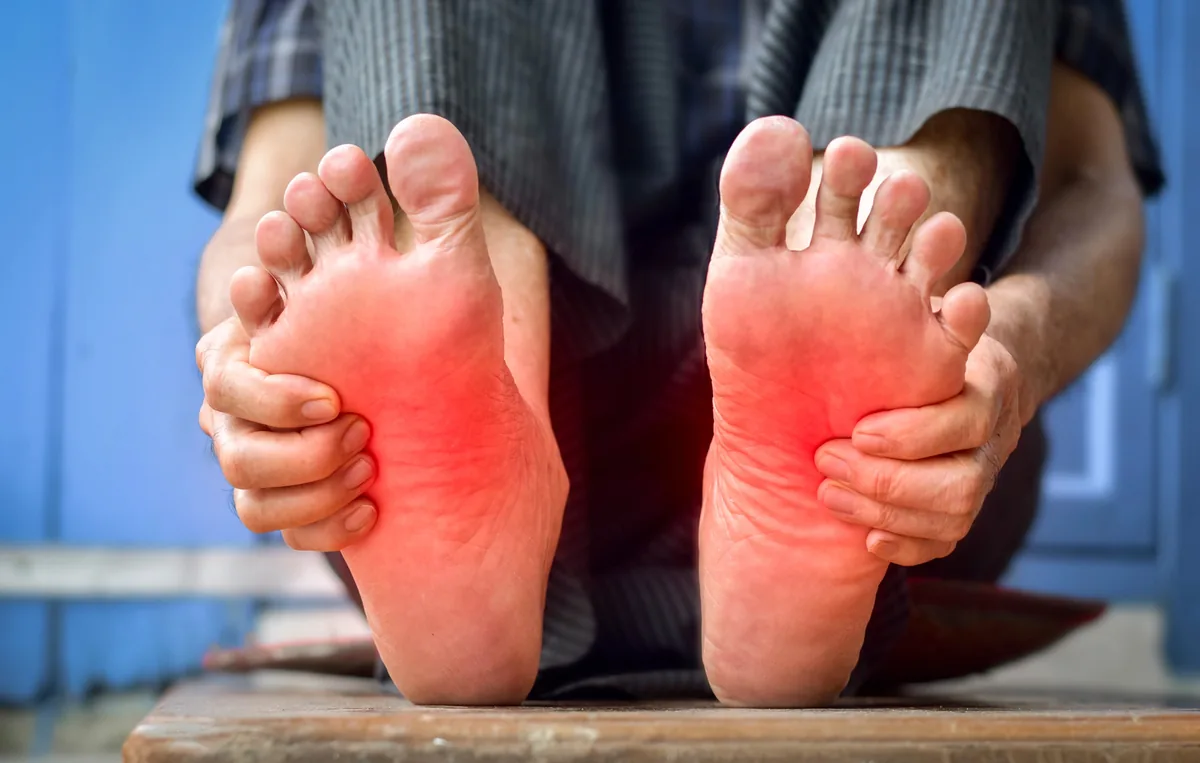 Burning, painful feet, a common sign of diabetic peripheral neuropathy